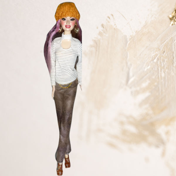 Doll wearing brown suede pants from Cozy & Comfort Collection