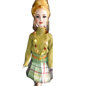 Doll wearing green check skirt from Eclectic Elegance Collection