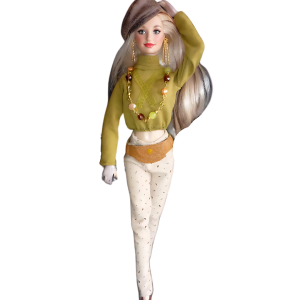 Doll wearing green top and beige pants from Eclectic Elegant Collection