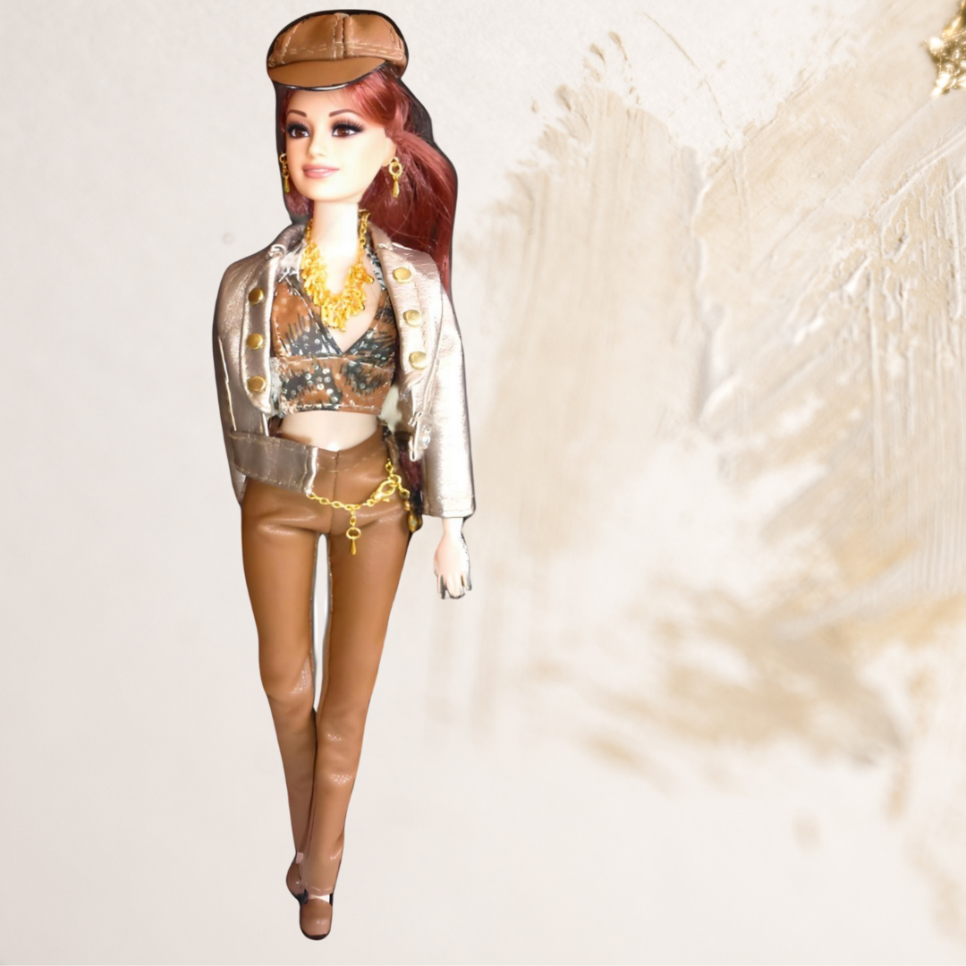 Doll wearing tan pants & jacket from Elegant in Leather Collection
