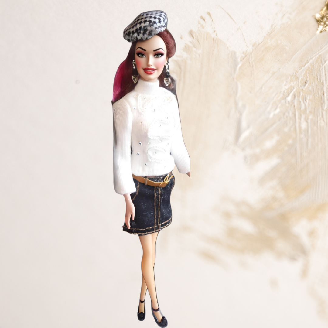 Doll wearing white long sleeve top from Romantic Rebel Collection