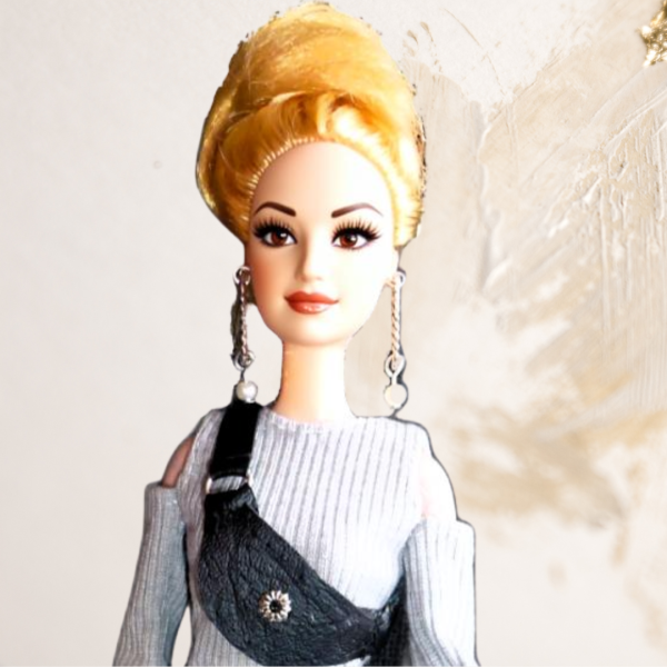 Doll wearing moon bag from Tartan and Checks Collection