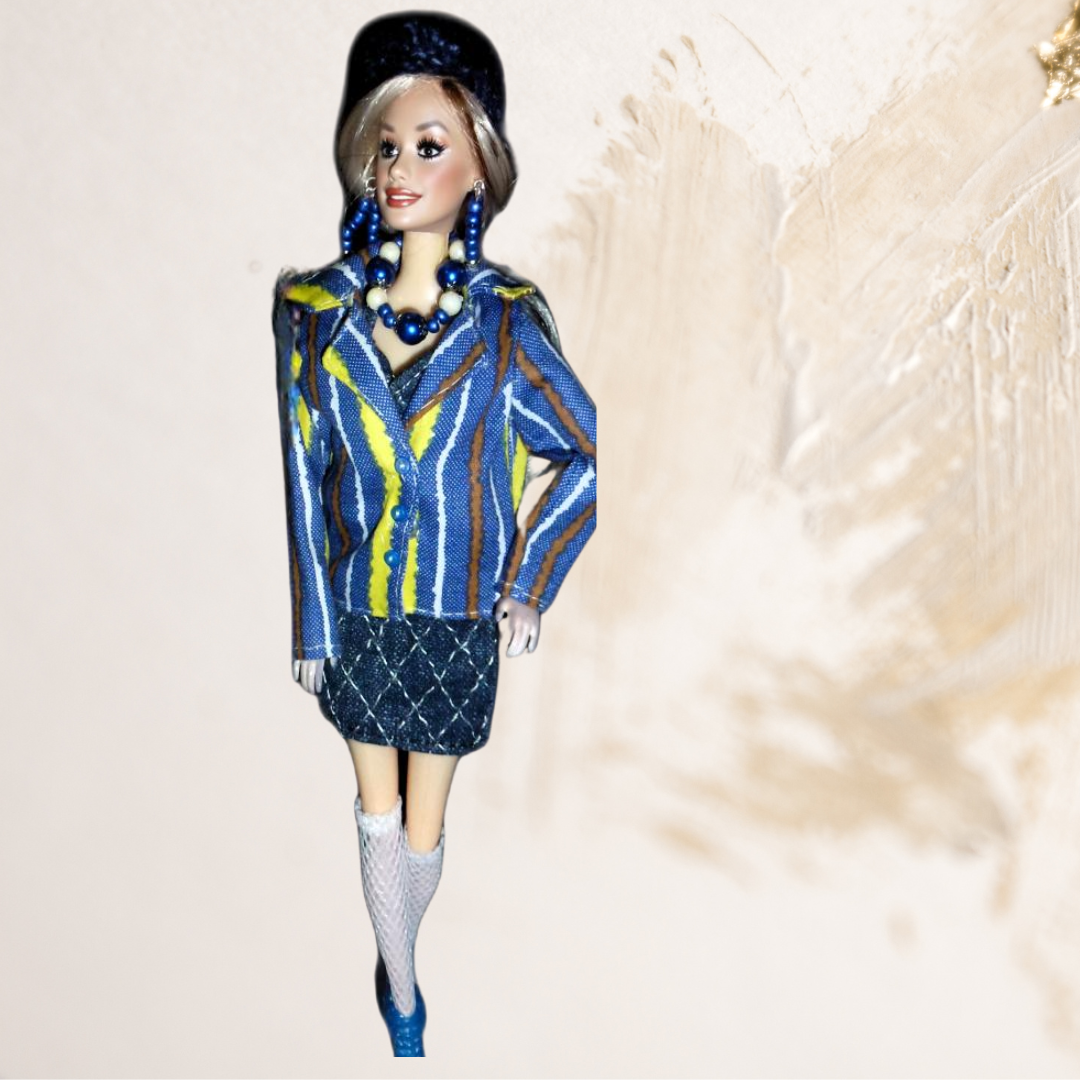 Doll wearing stripe Jacket from Versatile Denim Collection