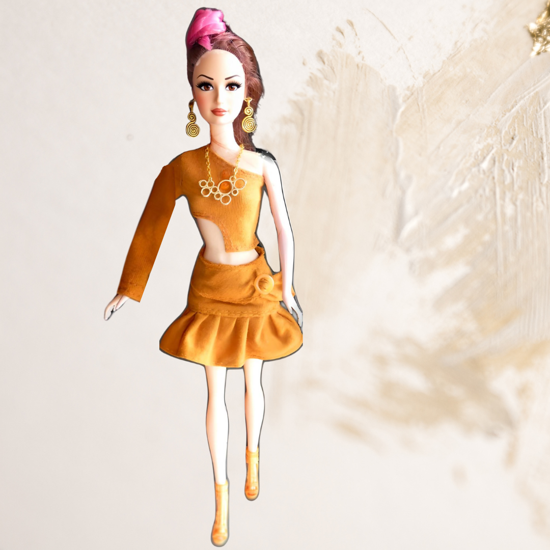 Doll wearing mustard skirt & top from Vibrant and Playful Collection